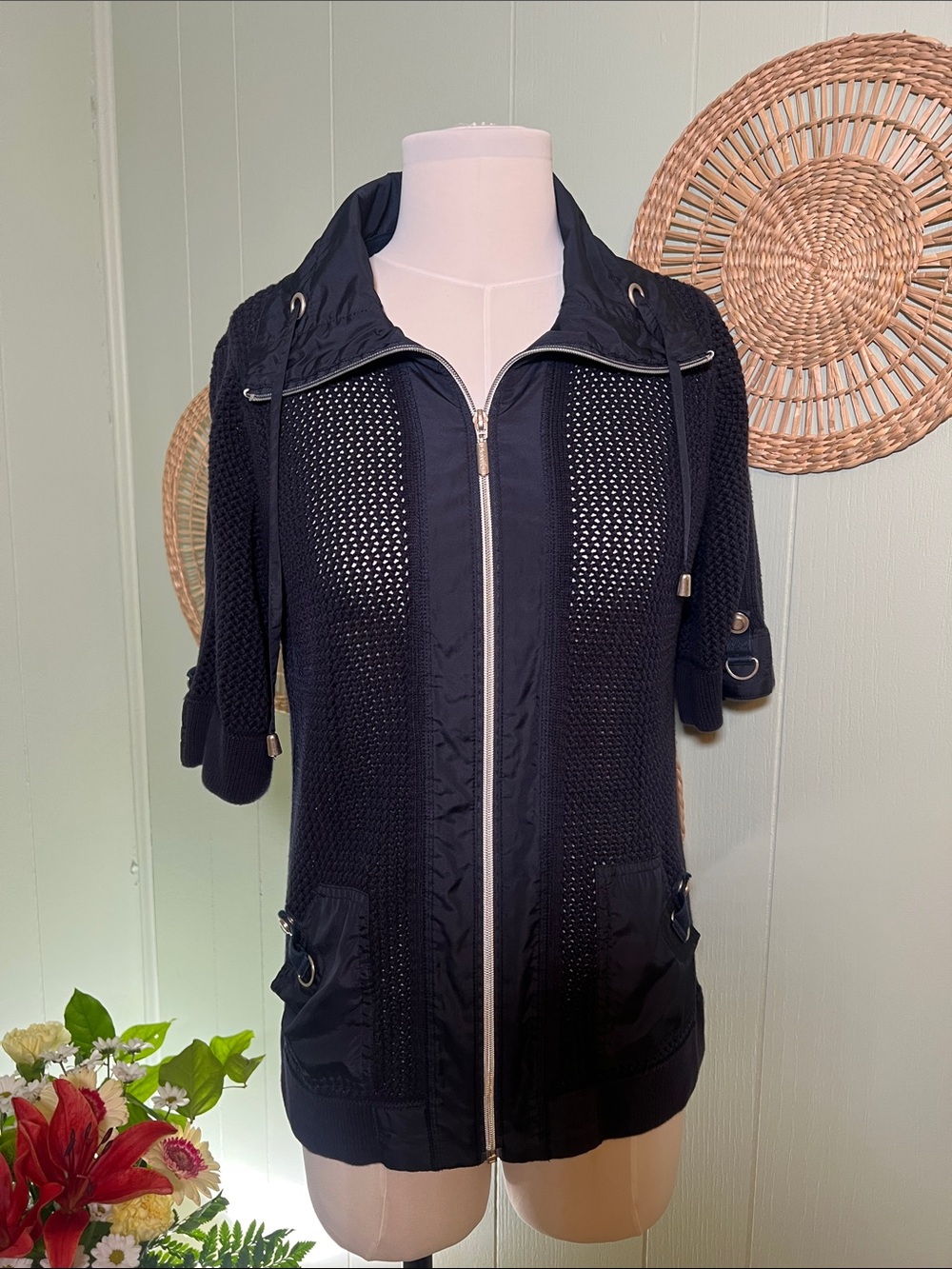 Navy Short-Sleeve Classic Sailing Mesh Bomber Jacket Old Money Cotton Natural